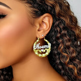 Bamboo Name Hoop Earrings - Frosted Name and Heart