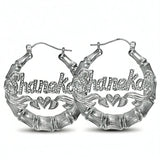 Bamboo Name Hoop Earrings - Frosted Name and Heart
