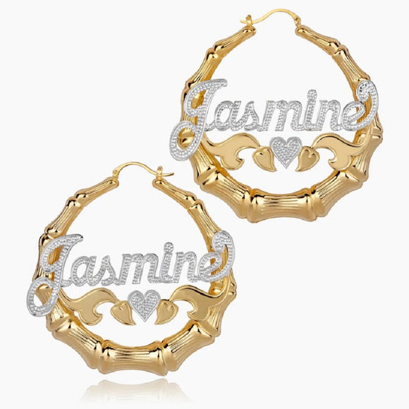 Bamboo Name Hoop Earrings - Frosted Name and Heart 5