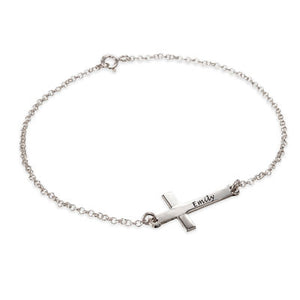 Sterling Silver Engraved Sideways Cross Bracelet